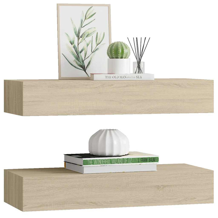 væghylder med skuffer 2 stk. 60x23,5x10 cm MDF egetræsfarvet