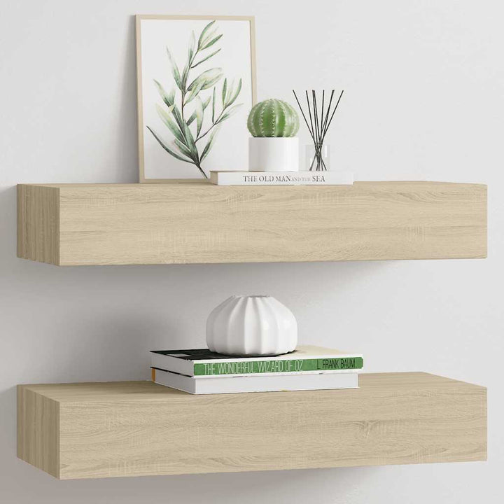væghylder med skuffer 2 stk. 60x23,5x10 cm MDF egetræsfarvet