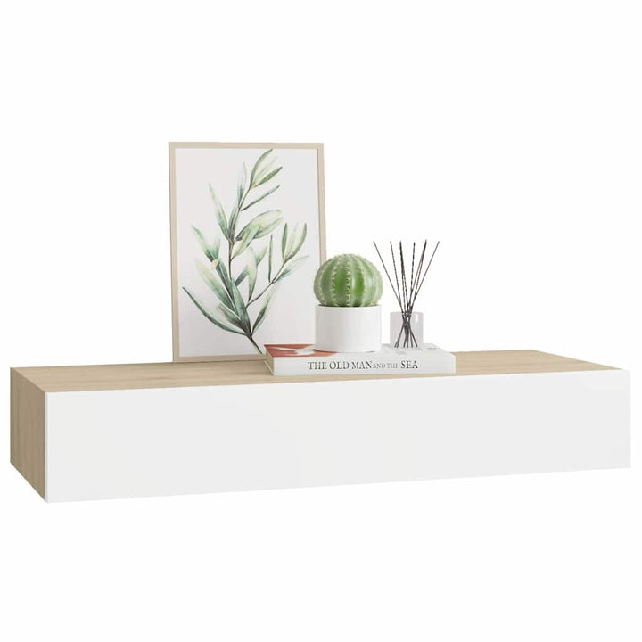 vægmonteret skuffehylde eg og hvid 60x23,5x10 cm MDF
