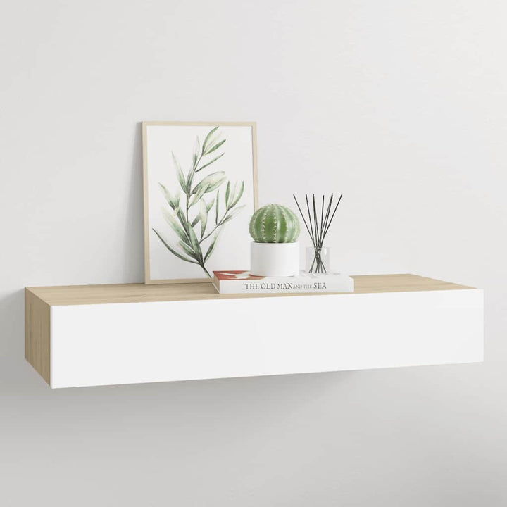 vægmonteret skuffehylde eg og hvid 60x23,5x10 cm MDF