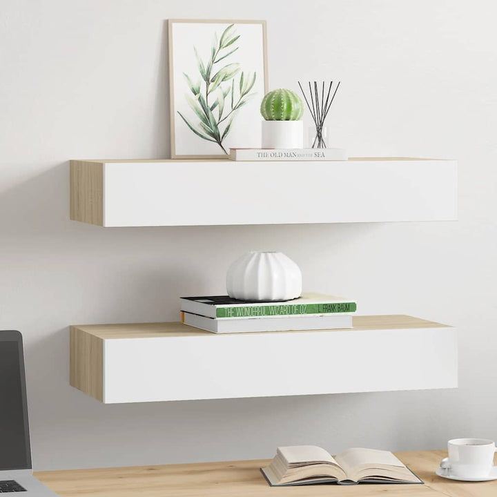 væghylder med skuffer 2 stk. eg og hvid 60x23,5x10 cm MDF
