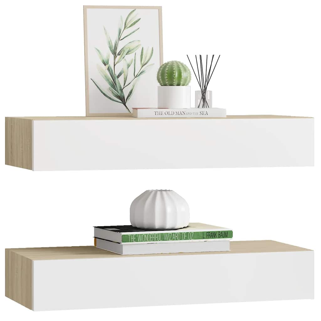 væghylder med skuffer 2 stk. eg og hvid 60x23,5x10 cm MDF