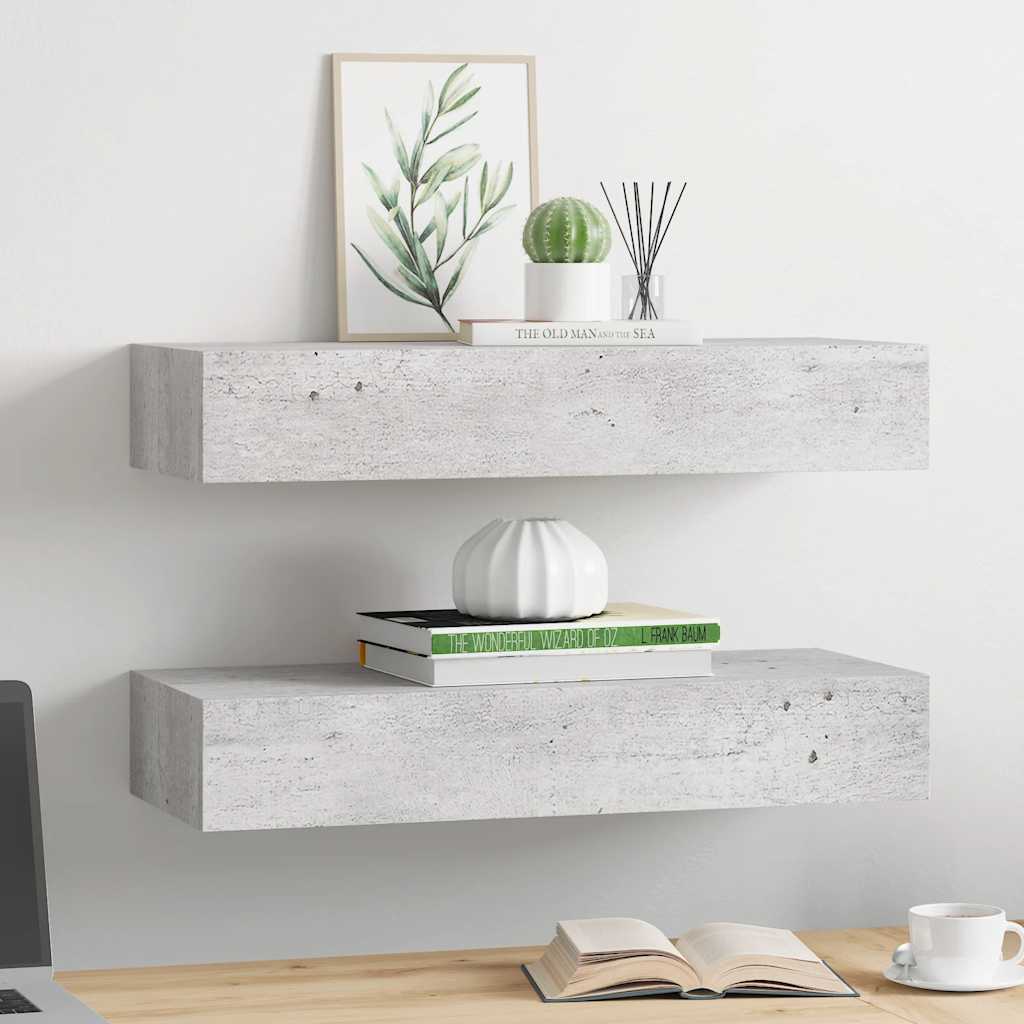 væghylder med skuffe 2 stk. 60x23,5x10 cm MDF betongrå