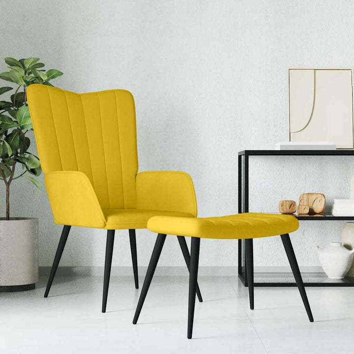 lænestol med fodskammel fløjl sennepsgul