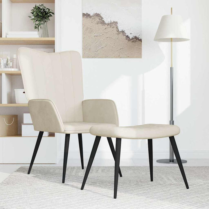 lænestol med fodskammel fløjl cremehvid