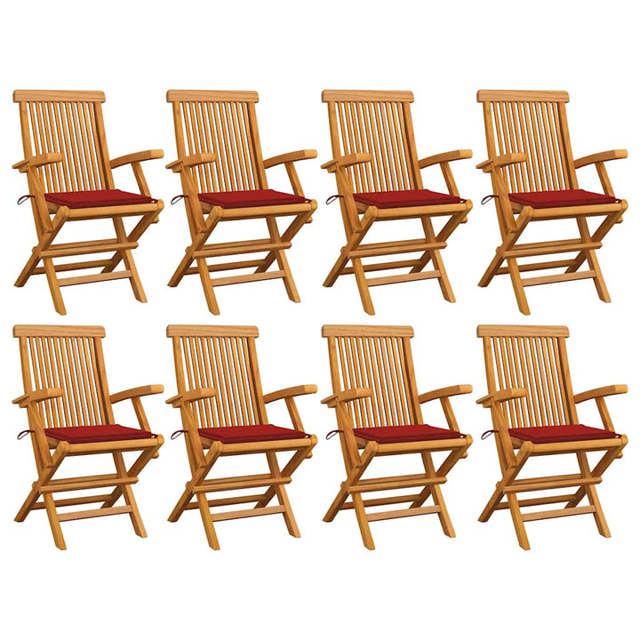 havestole m. røde hynder 8 stk. massivt teaktræ