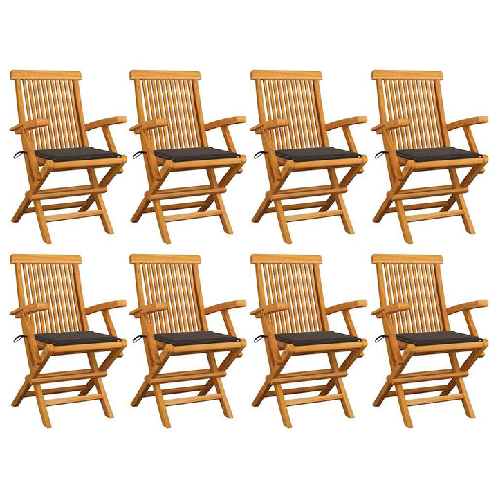 havestole 8 stk. med gråbrune hynder massivt teaktræ