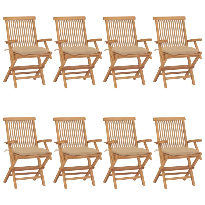 havestole med beige hynder 8 stk. massivt teaktræ