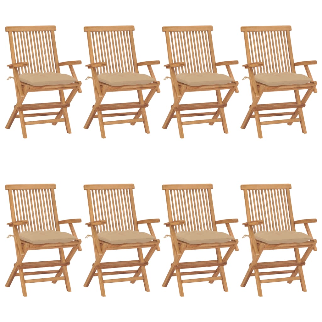 Klapstole med beige hynder 8 stk. massivt teaktræ