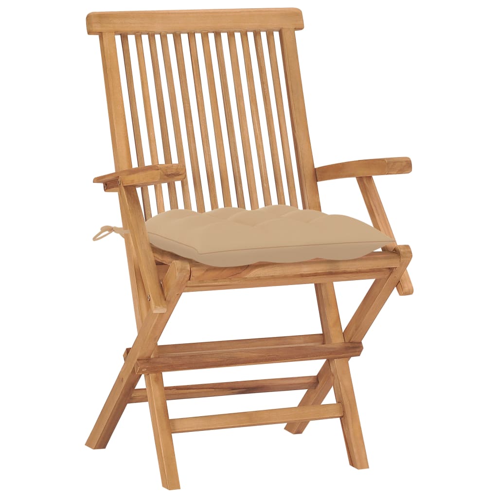 havestole med beige hynder 8 stk. massivt teaktræ