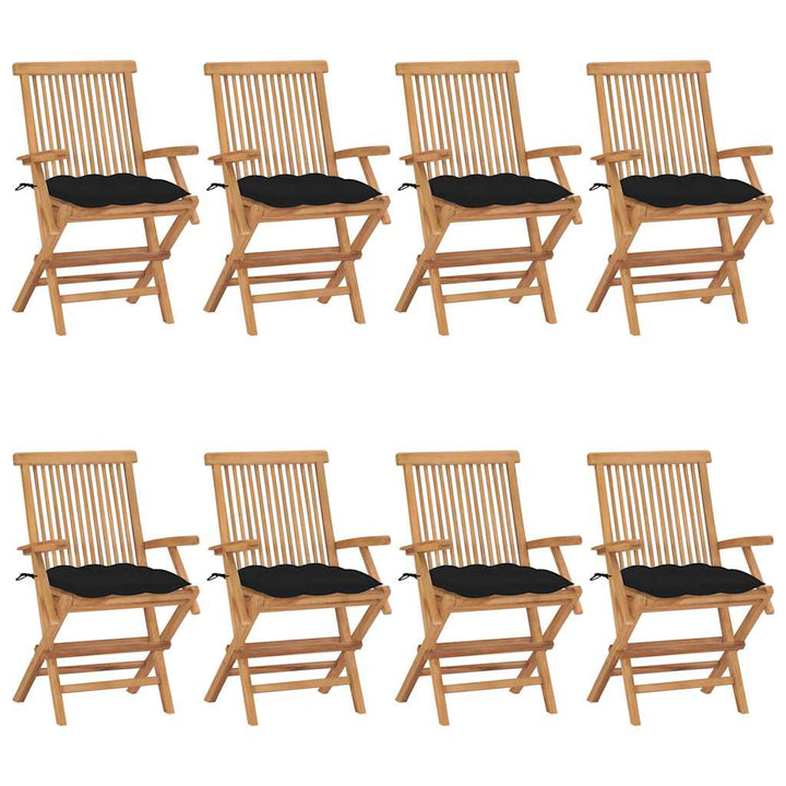 havestole med sorte hynder 8 stk. massivt teaktræ