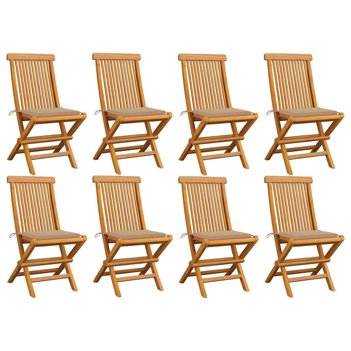 Klapstole med beige hynder 8 stk. massivt teaktræ