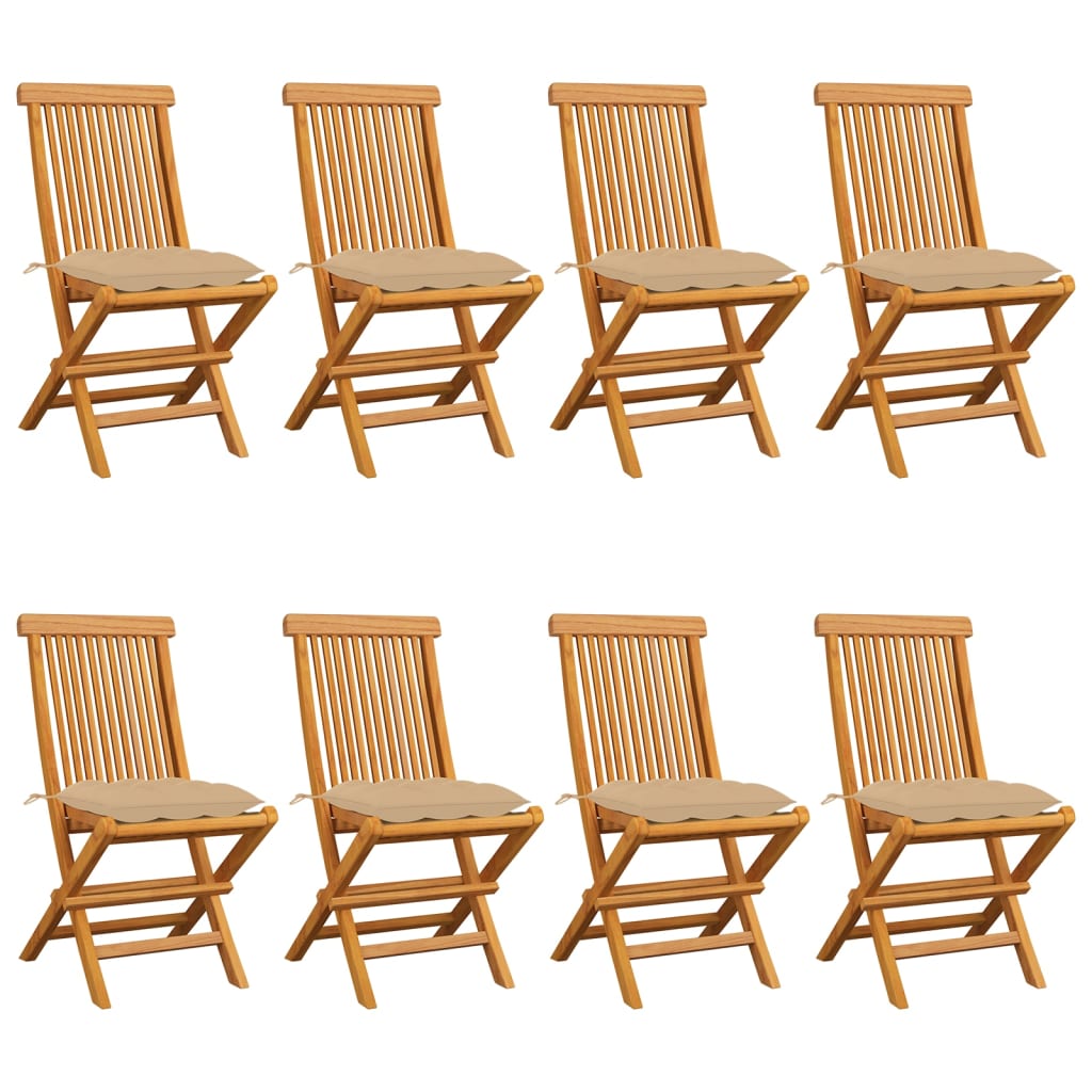 havestole med beigefarvede hynder 8 stk. massivt teaktræ