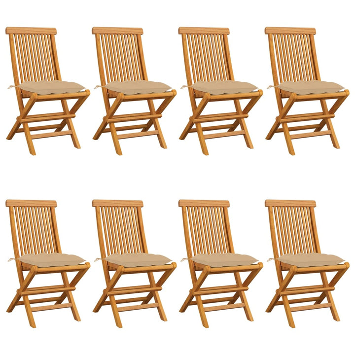 havestole med beigefarvede hynder 8 stk. massivt teaktræ
