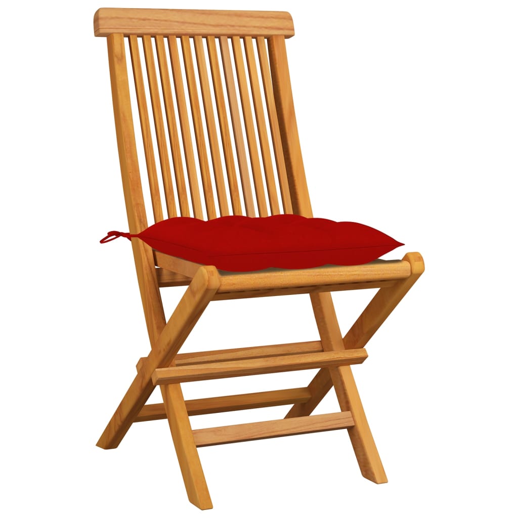 havestole m. røde hynder 8 stk. massivt teaktræ