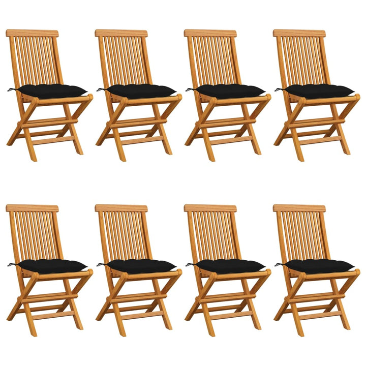 havestole med sorte hynder 8 stk. massivt teaktræ