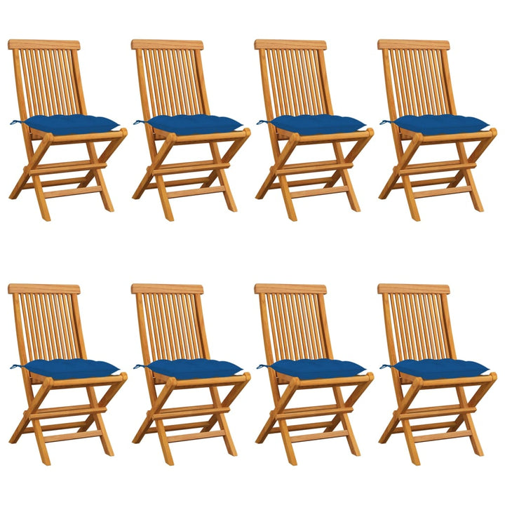 havestole med blå hynder 8 stk. massivt teaktræ