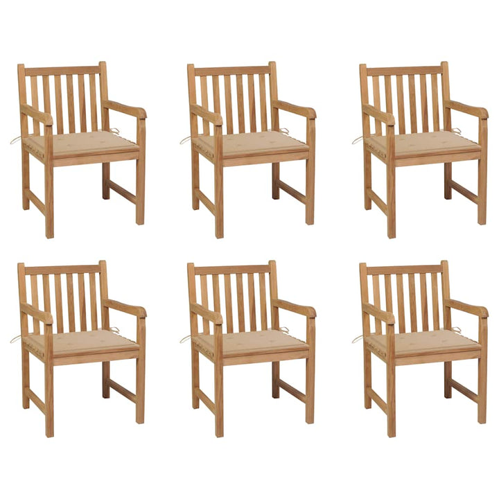 havestole 6 stk. med beige hynder massivt teaktræ