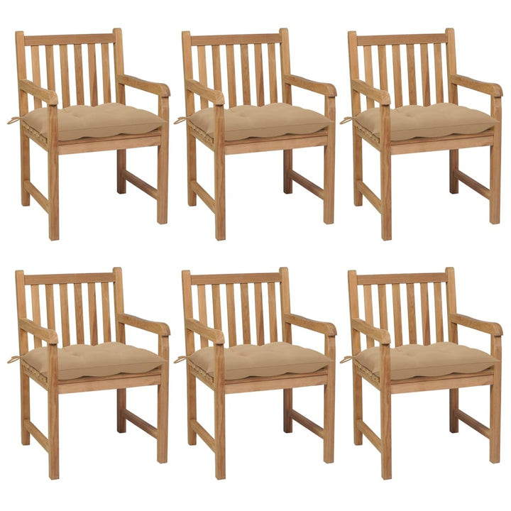 havestole 6 stk. med beige hynder massivt teaktræ