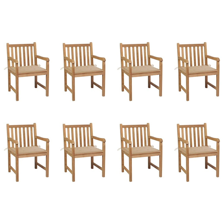 havestole 8 stk. med beige hynder massivt teaktræ