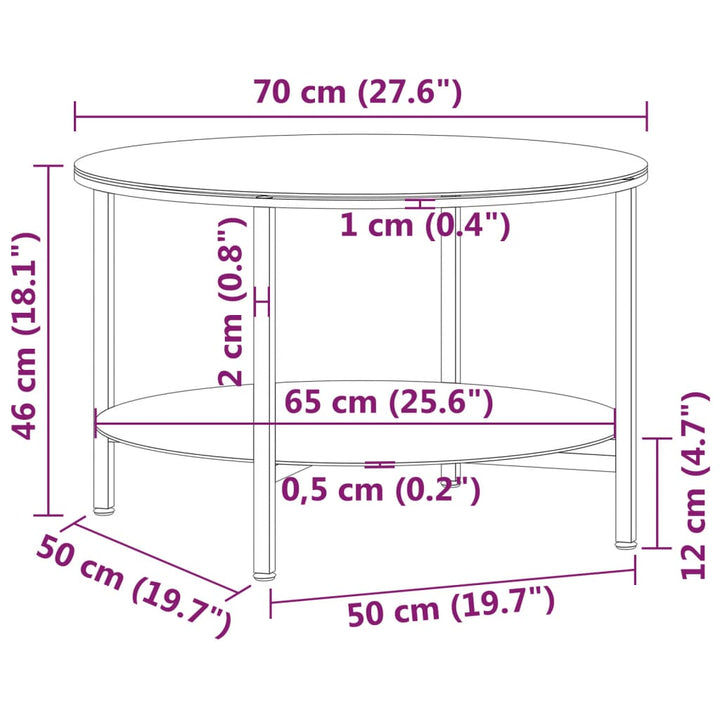 stuebord 70 cm hærdet glas sort og hvid marmoreffekt