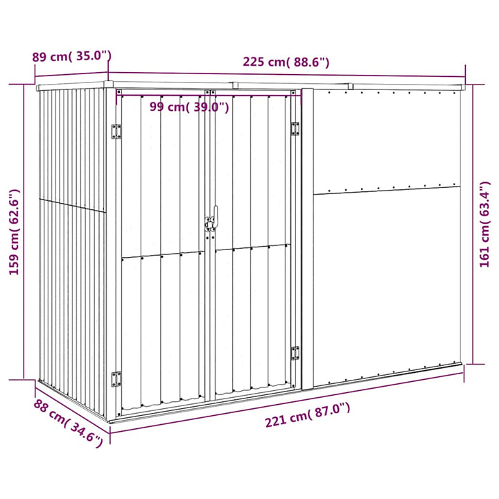 redskabsskur til haven 225x89x161 cm galvaniseret stål grå