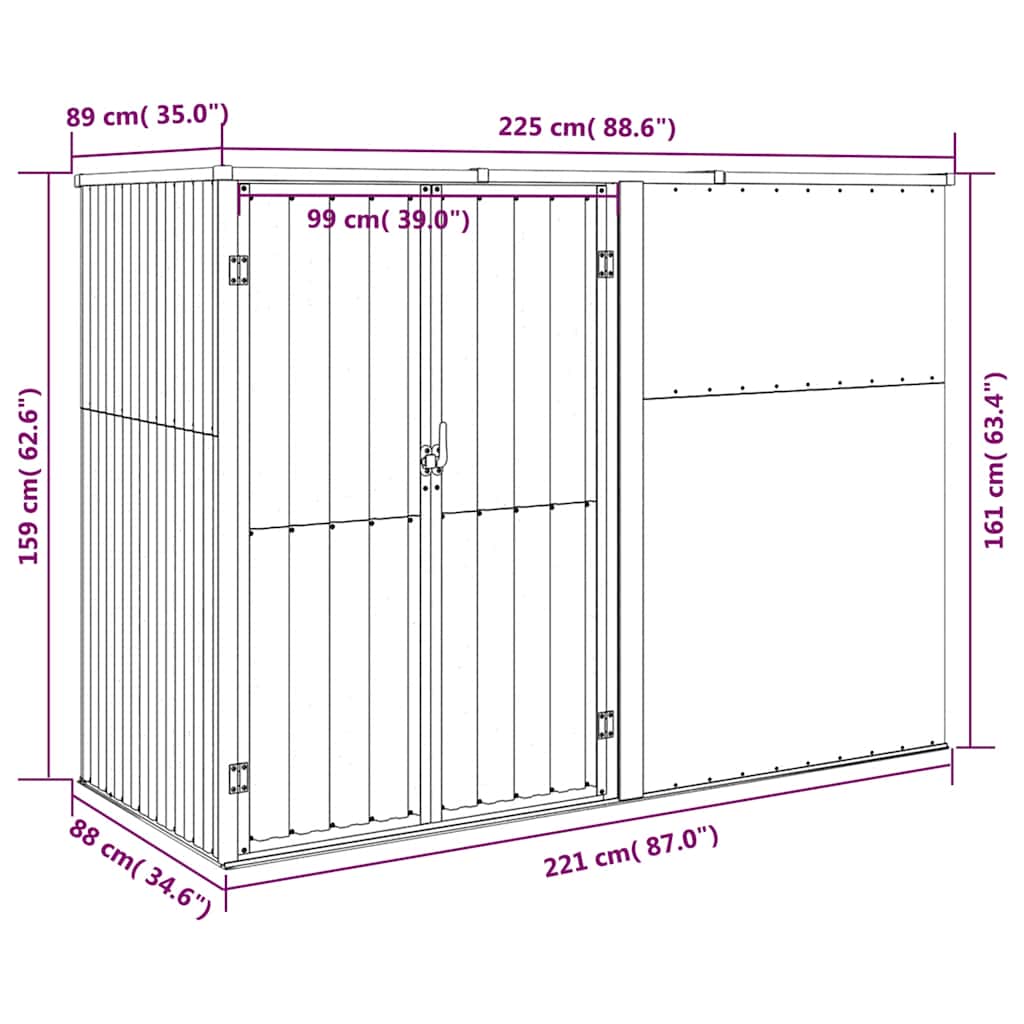redskabsskur til haven 225x89x161 cm galvaniseret stål brun