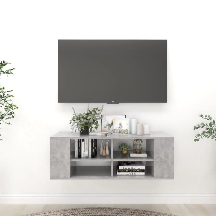 væghængt tv-bord 102x35x35 cm konstrueret træ betongrå