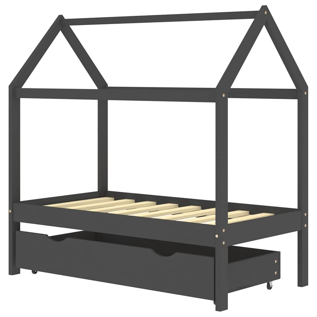 sengestel til børn + skuffe 70x140 cm massivt fyrretræ mørkegrå