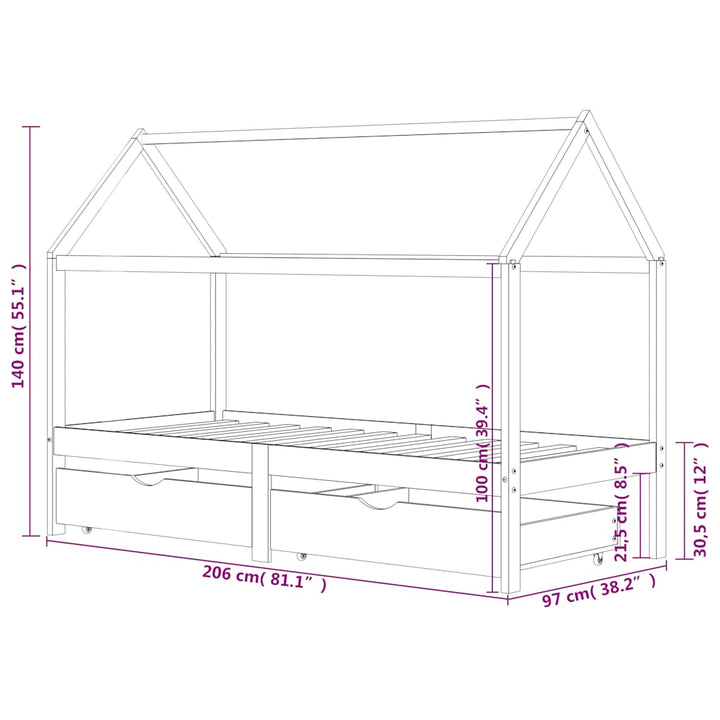 sengestel til børn + skuffer 90x200 cm massiv fyr mørkegrå