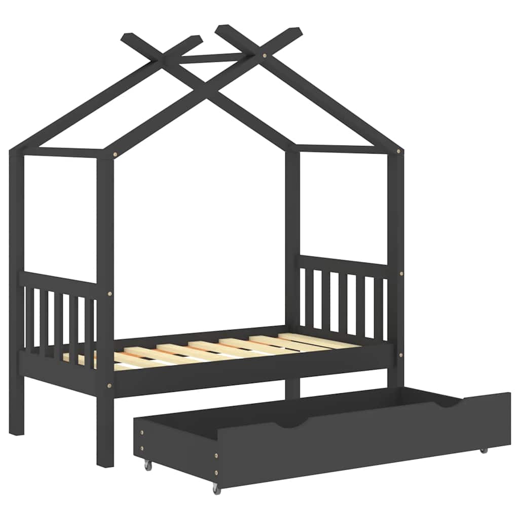 sengestel til børn + skuffe 70x140 cm massivt fyrretræ mørkegrå