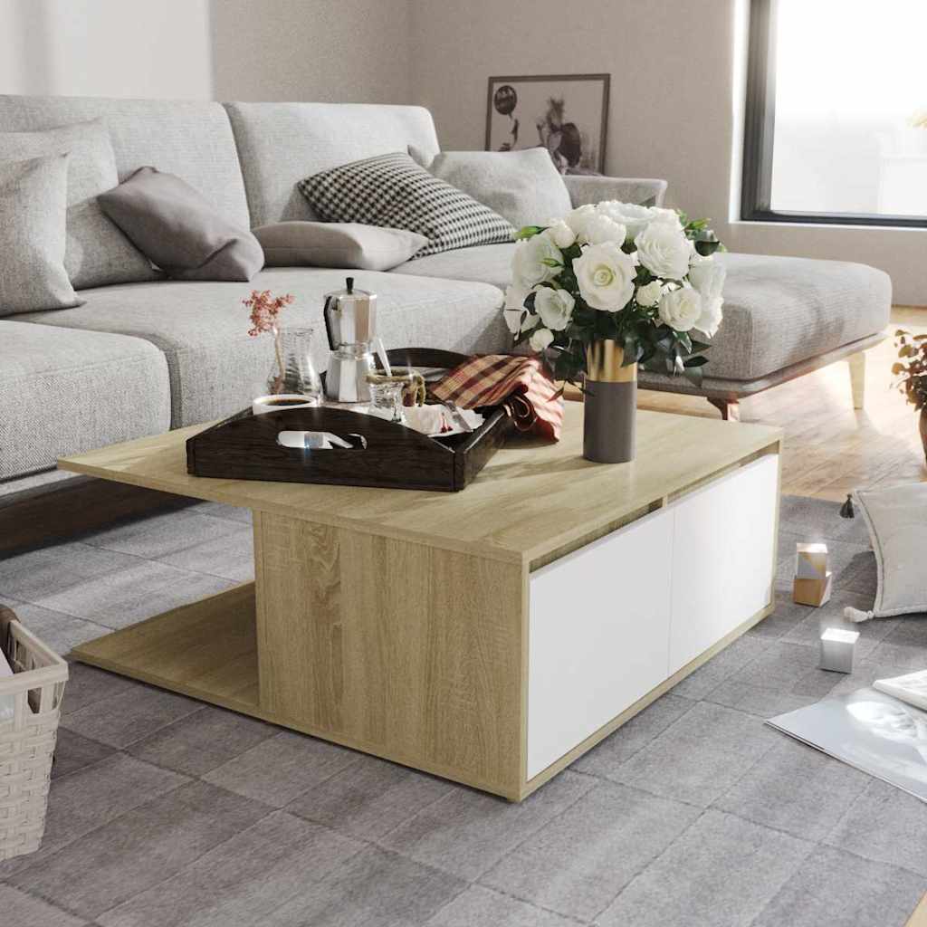 sofabord 80x80x31 cm konstrueret træ hvid og sonoma-eg