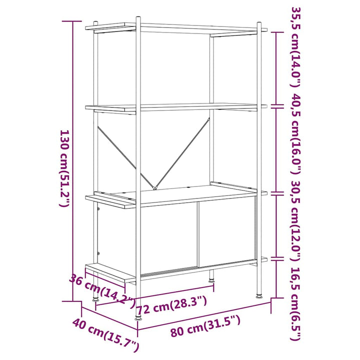 reol med skab 80x40x130 cm 4 niveauer stål og konstrueret træ