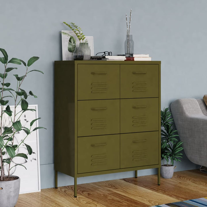 kommode 80x35x101,5 cm stål olivengrøn