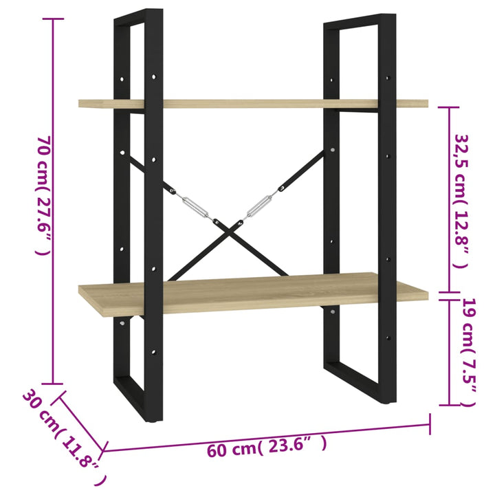 bogreol med 2 hylder 60x30x70 cm konstrueret træ sonoma-eg