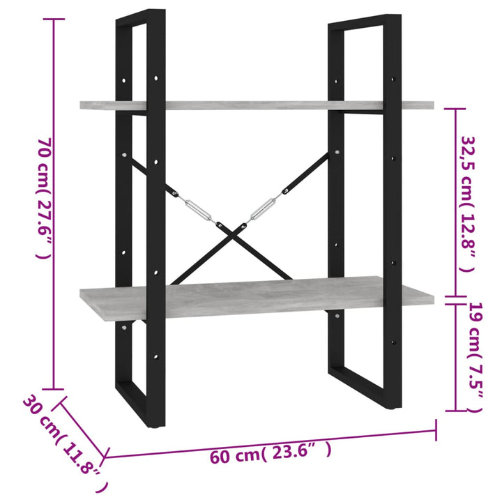 bogreol med 2 hylder 60x30x70 cm konstrueret træ betongrå