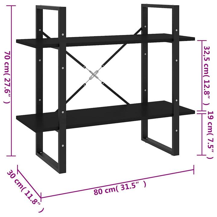 bogreol med 2 hylder 80x30x70 cm konstrueret træ sort