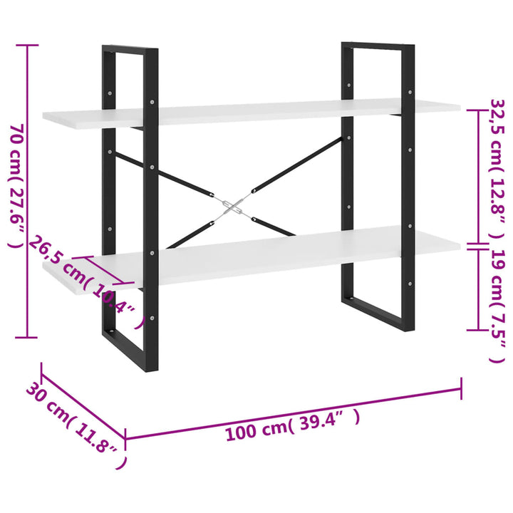 bogreol med 2 hylder 100x30x70 cm konstrueret træ hvid