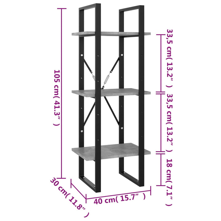 bogreol med 3 hylder 40x30x105 cm konstrueret træ betongrå