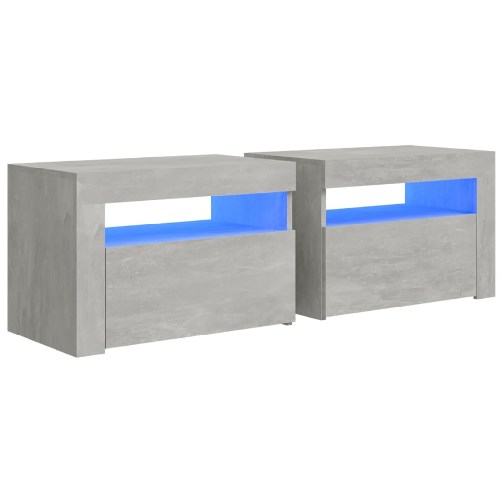 sengeborde med LED-lys 2 stk. 60x35x40 cm betongrå