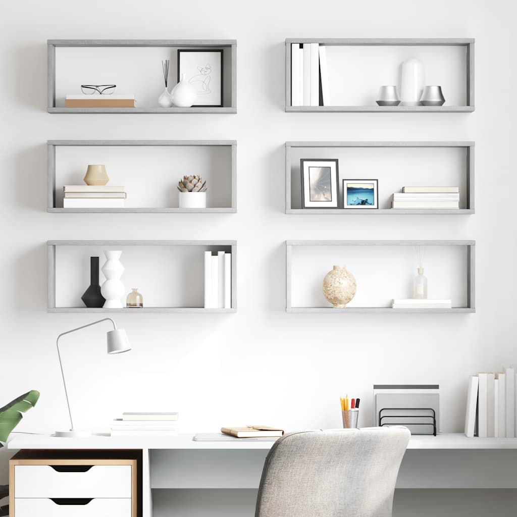 væghylder 6 stk. 60x15x23cm kubeformet konstrueret træ betongrå