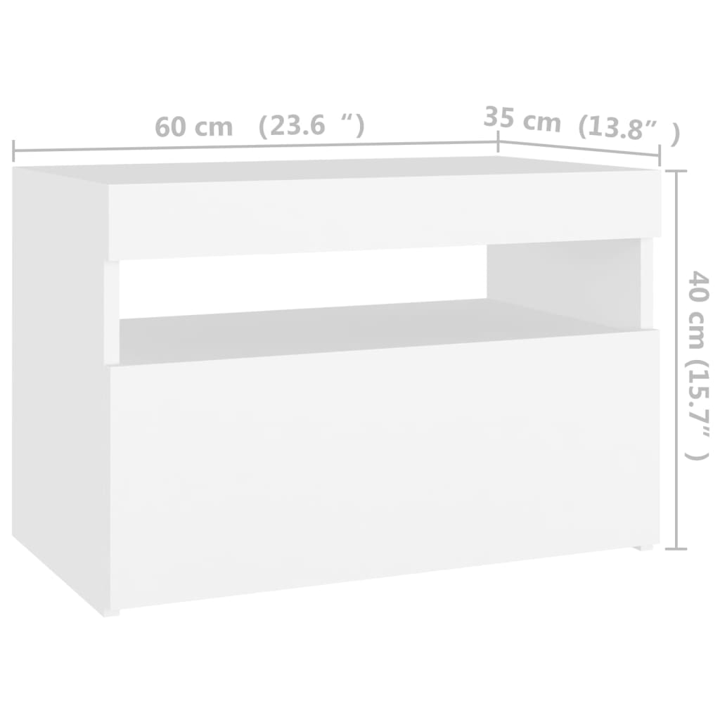 sengebord med LED-lys 60x35x40 cm konstrueret træ hvid