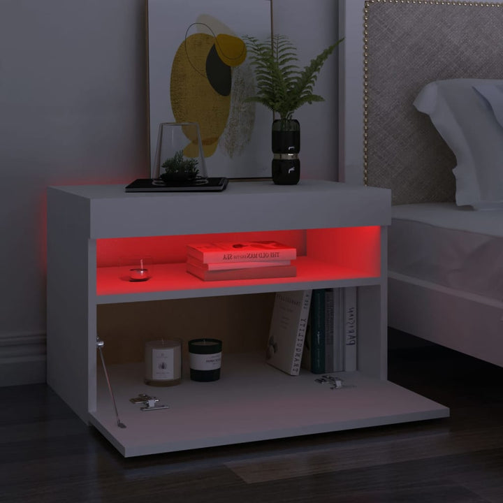 sengebord med LED-lys 60x35x40 cm konstrueret træ hvid
