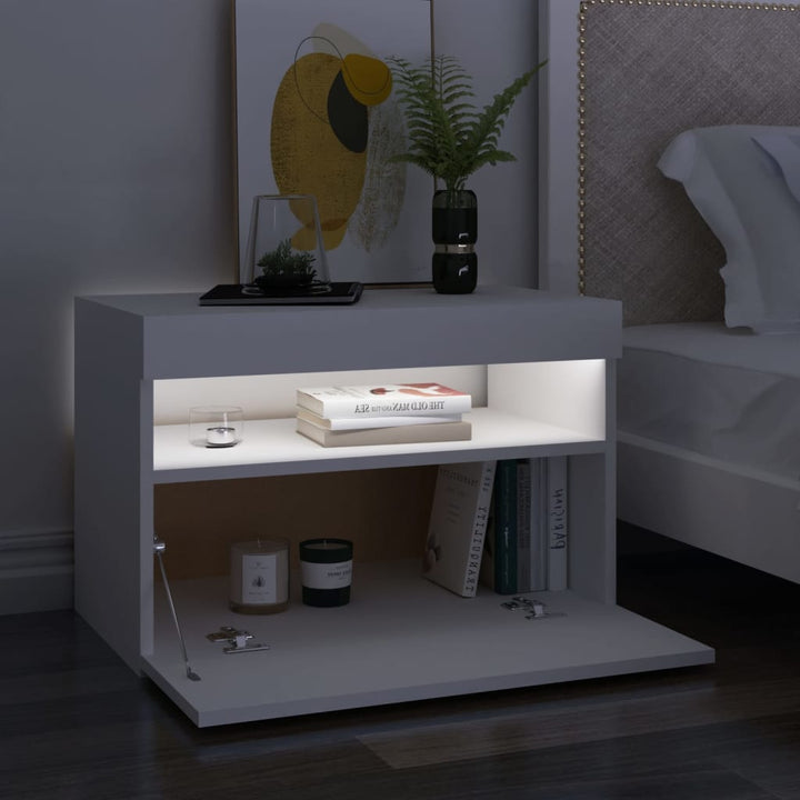 sengebord med LED-lys 60x35x40 cm konstrueret træ hvid