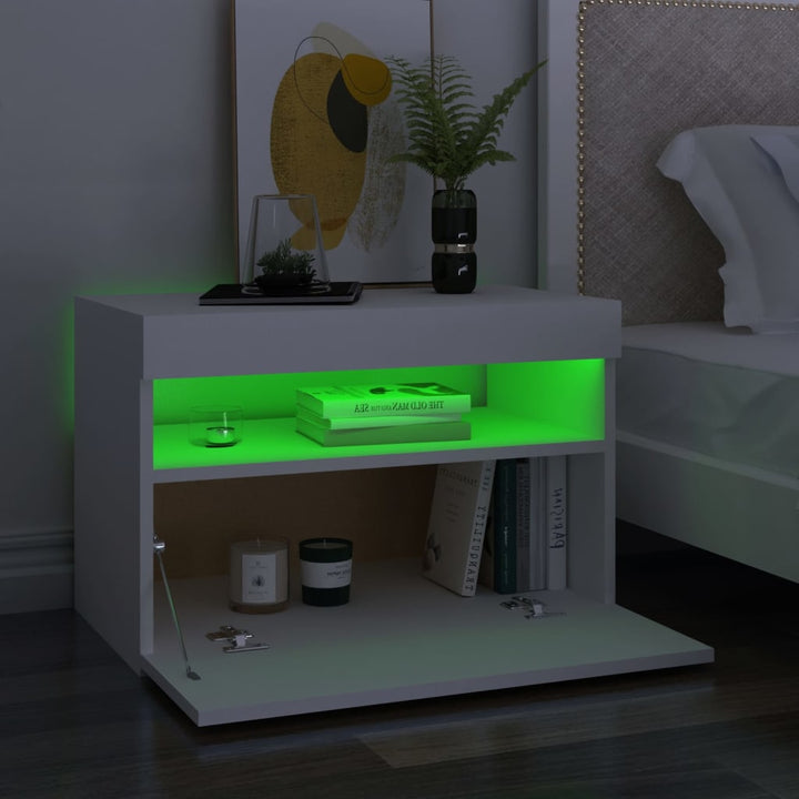 sengebord med LED-lys 60x35x40 cm konstrueret træ hvid