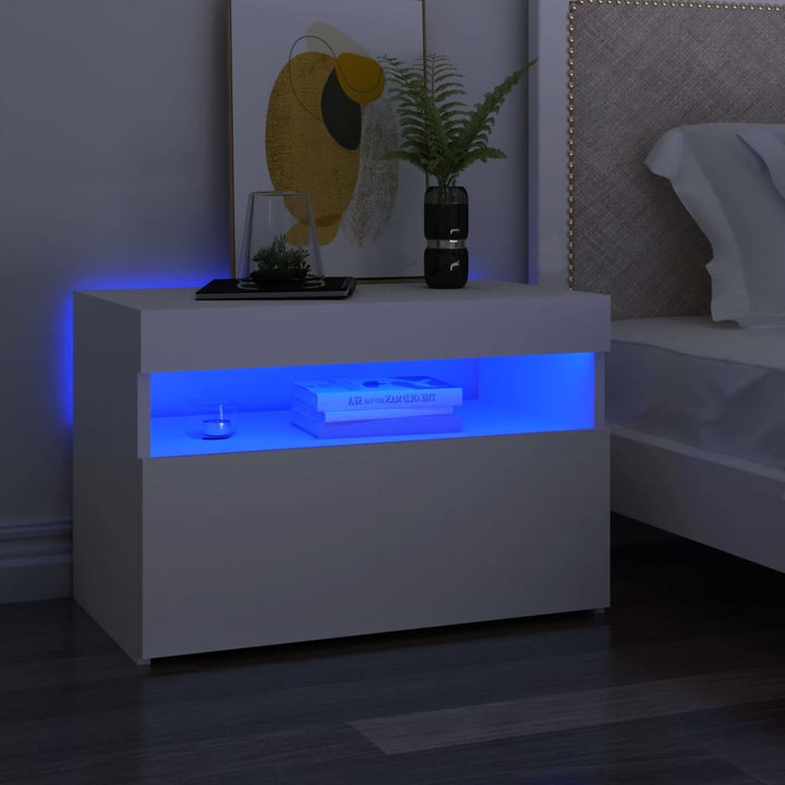 sengebord med LED-lys 60x35x40 cm konstrueret træ hvid