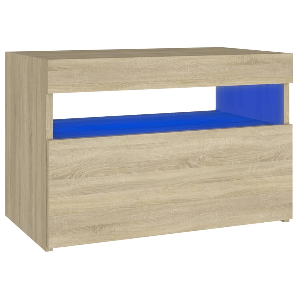 sengebord med LED-lys 60x35x40 cm konstrueret træ sonoma-eg