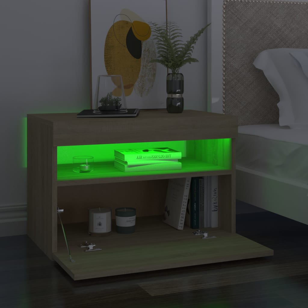 sengebord med LED-lys 60x35x40 cm konstrueret træ sonoma-eg