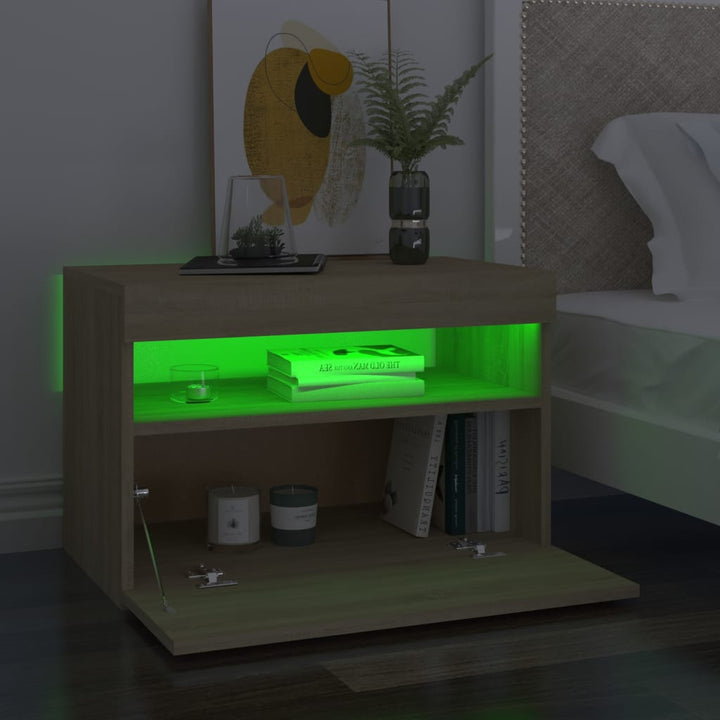 sengebord med LED-lys 60x35x40 cm konstrueret træ sonoma-eg