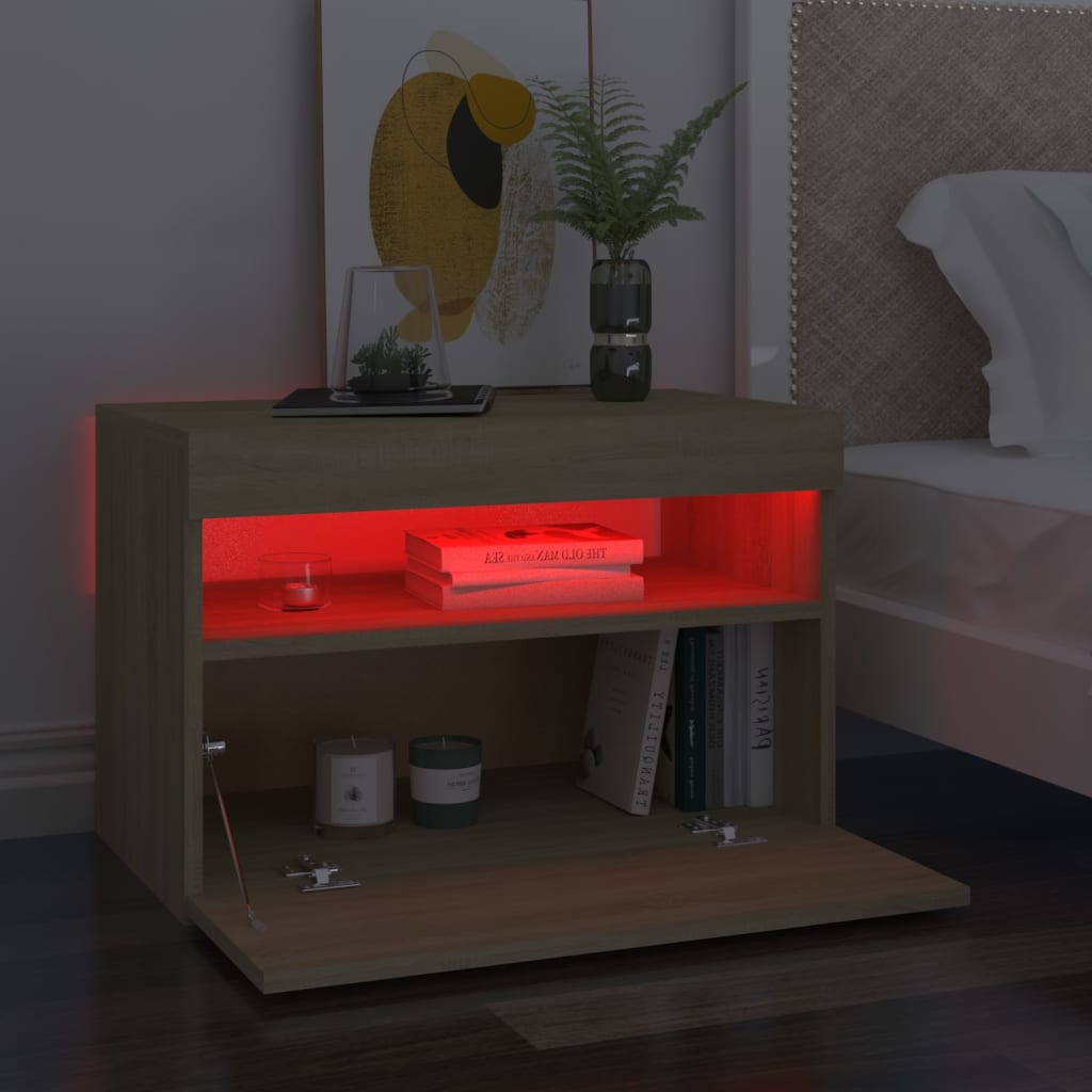 sengebord med LED-lys 60x35x40 cm konstrueret træ sonoma-eg